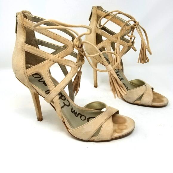 Sam Edelman Beige Tan Strappy Stilettos Heels  Azela Leather Heels Size 8 - Picture 1 of 14